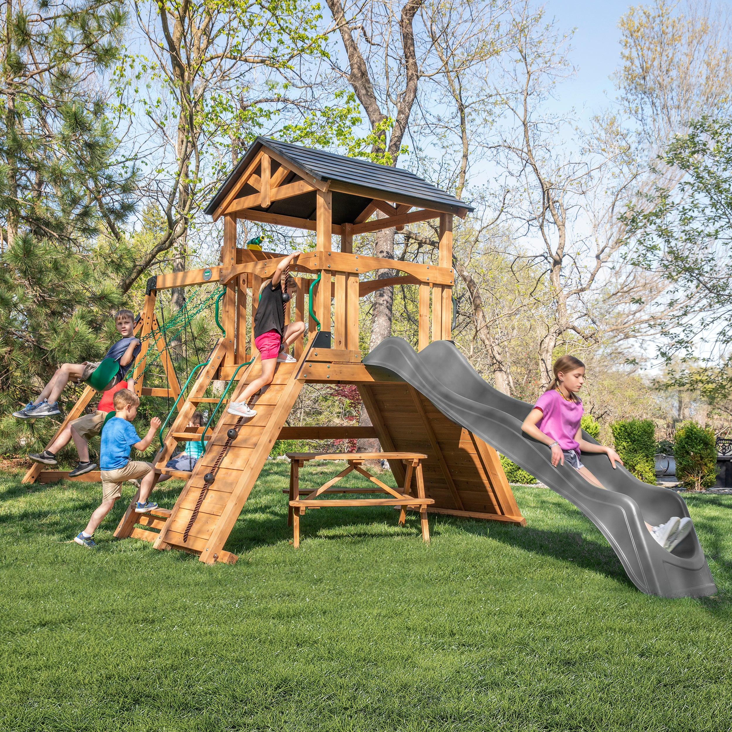 Wooden swing store slide climbing frame