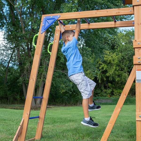 Rock climbing walls, monkey bars, and other features