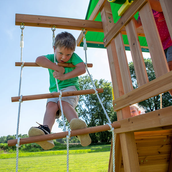 Rock climbing walls, rope ladder, and other features