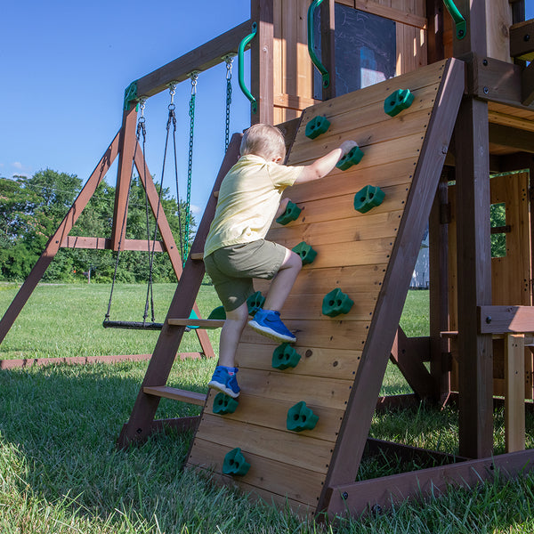 Rock climbing walls, slides, and other features