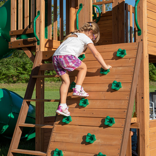 Rock climbing walls, slides, and other features