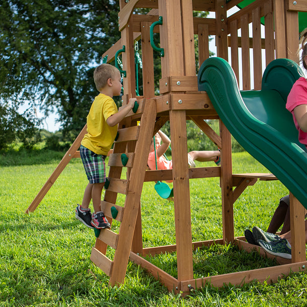 Rock climbing walls, slides, and other features