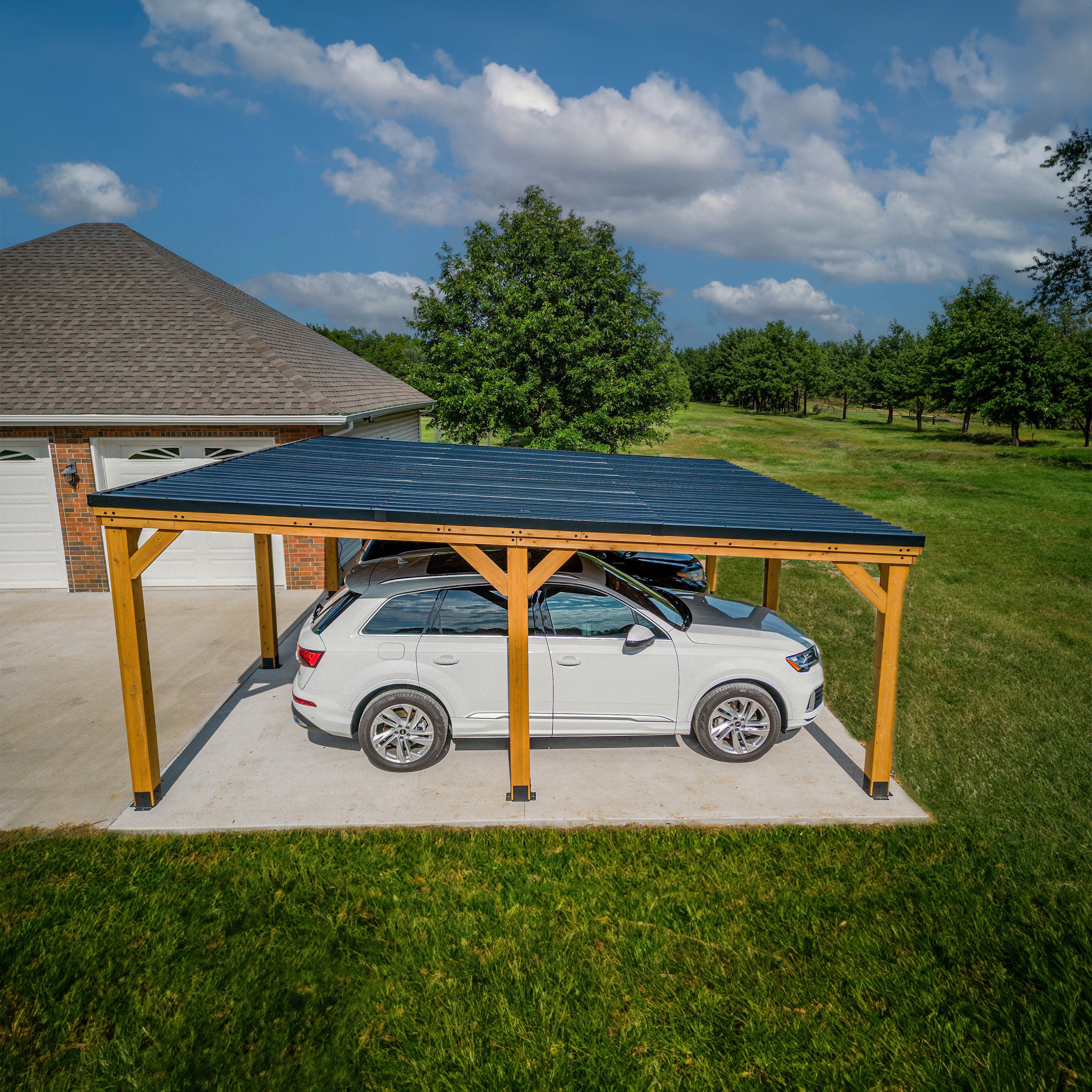 wooden carport on concrete patio