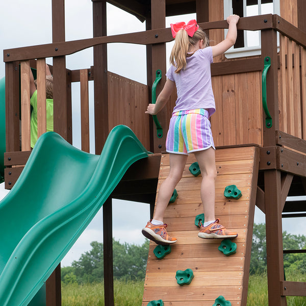 Rock climbing walls, slides, and other features