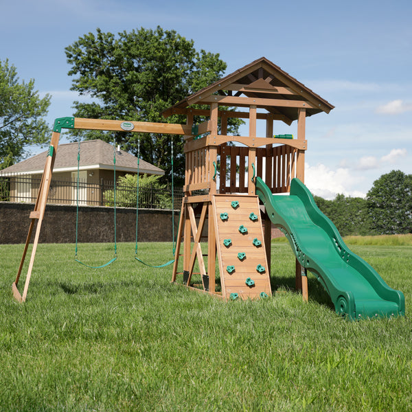 Mountain View Lodge Swing Set with Wooden Roof- Multicolor Accessories &  Green Slide 