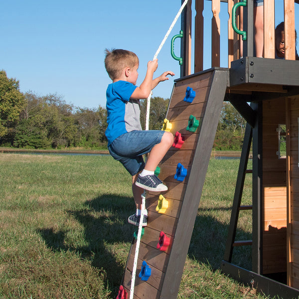 Rock climbing walls, slides, and other features