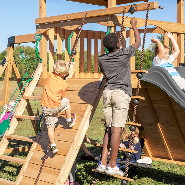 Rock climbing walls, slides, and other features