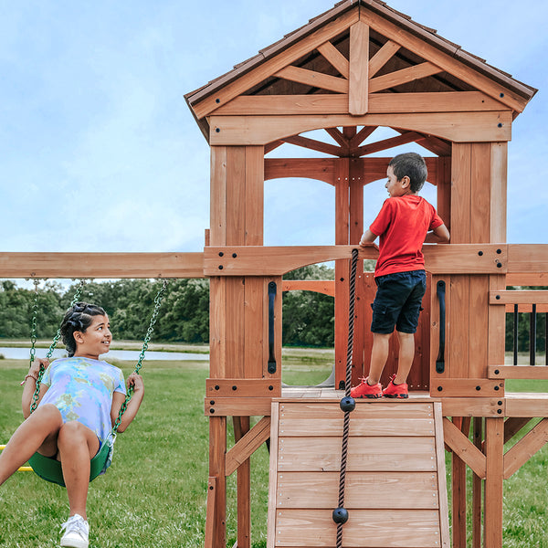 Rope climbing wall, slides, and other features