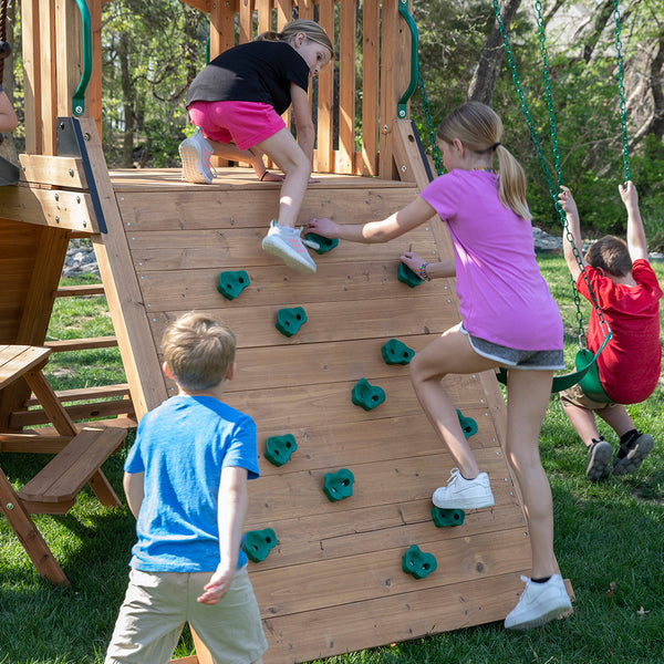 Rock climbing walls, slides, and other features