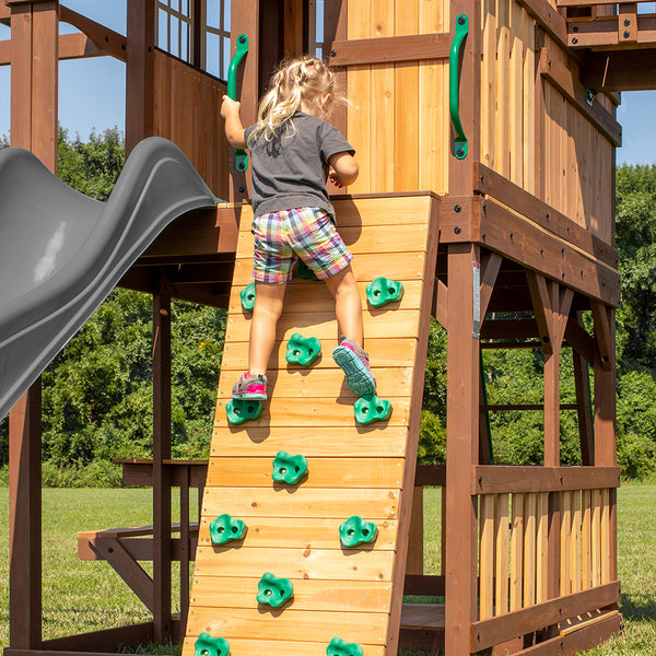 Rock climbing walls, slides, and other features