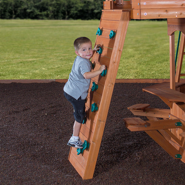 Rock climbing walls, slides, and other features