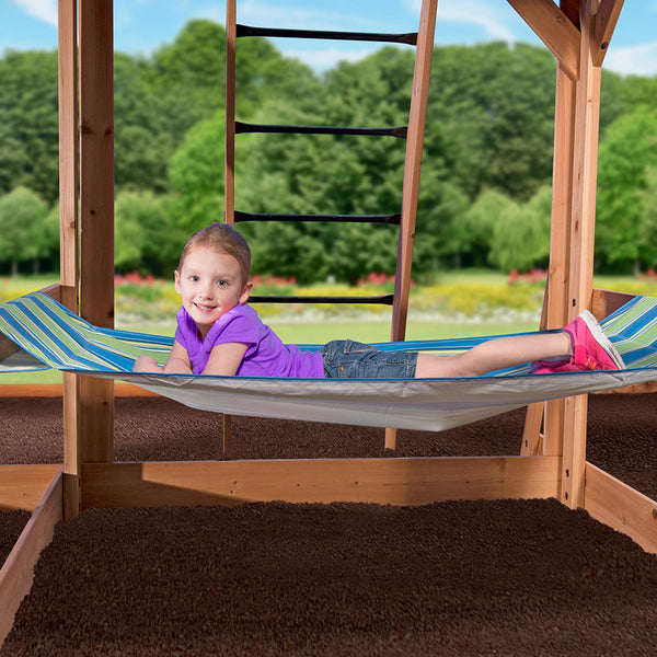 A hammock, monkey bars, and other features