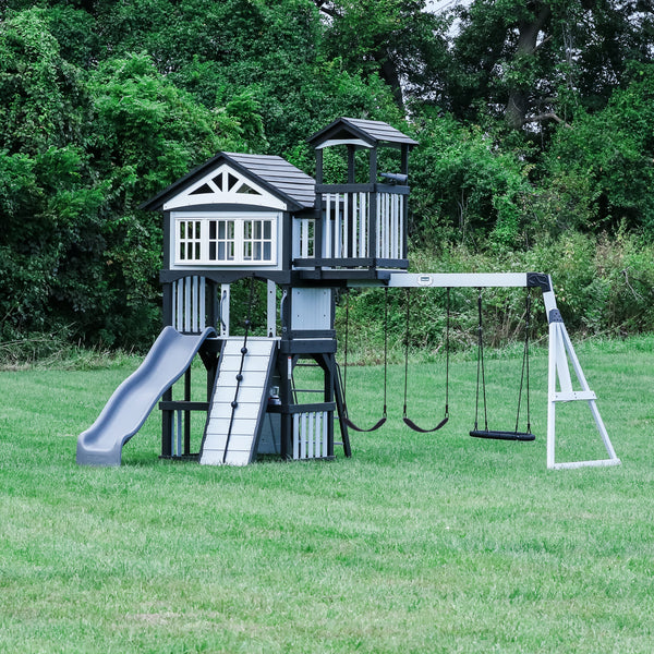 Mountain View Lodge Swing Set with Wooden Roof- Multicolor Accessories &  Green Slide 