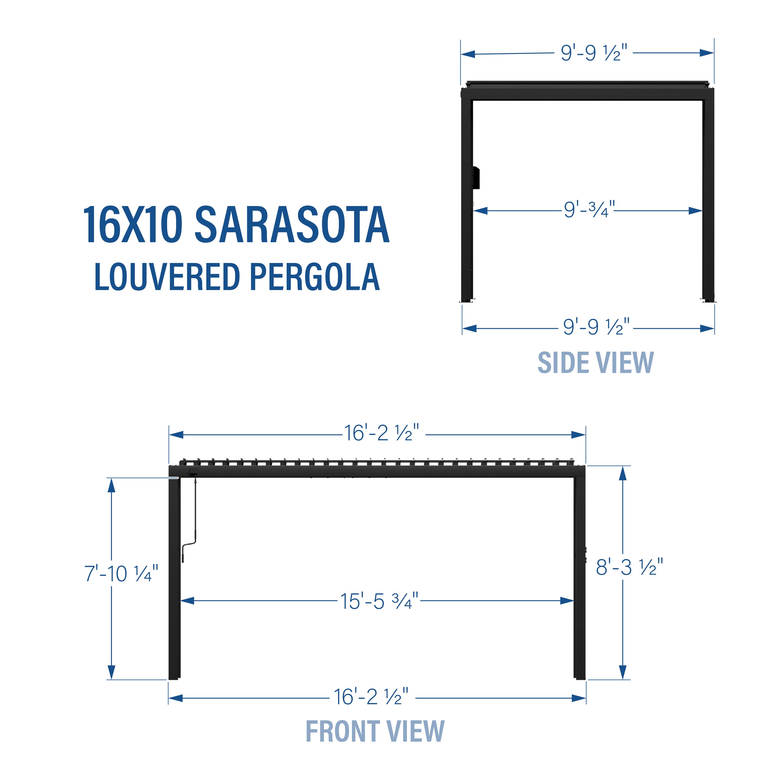 16x10 Sarasota Louvered Pergola Dimensions