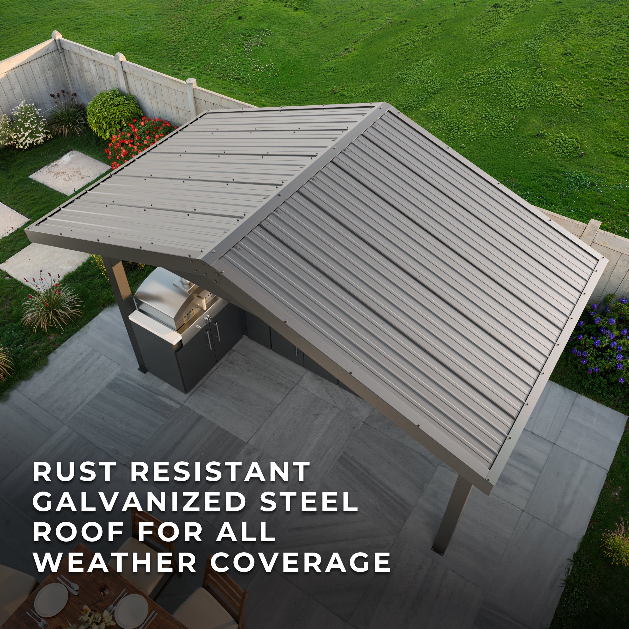 Lancaster L-Shape Outdoor Kitchen Rust Resistant Steel Roof