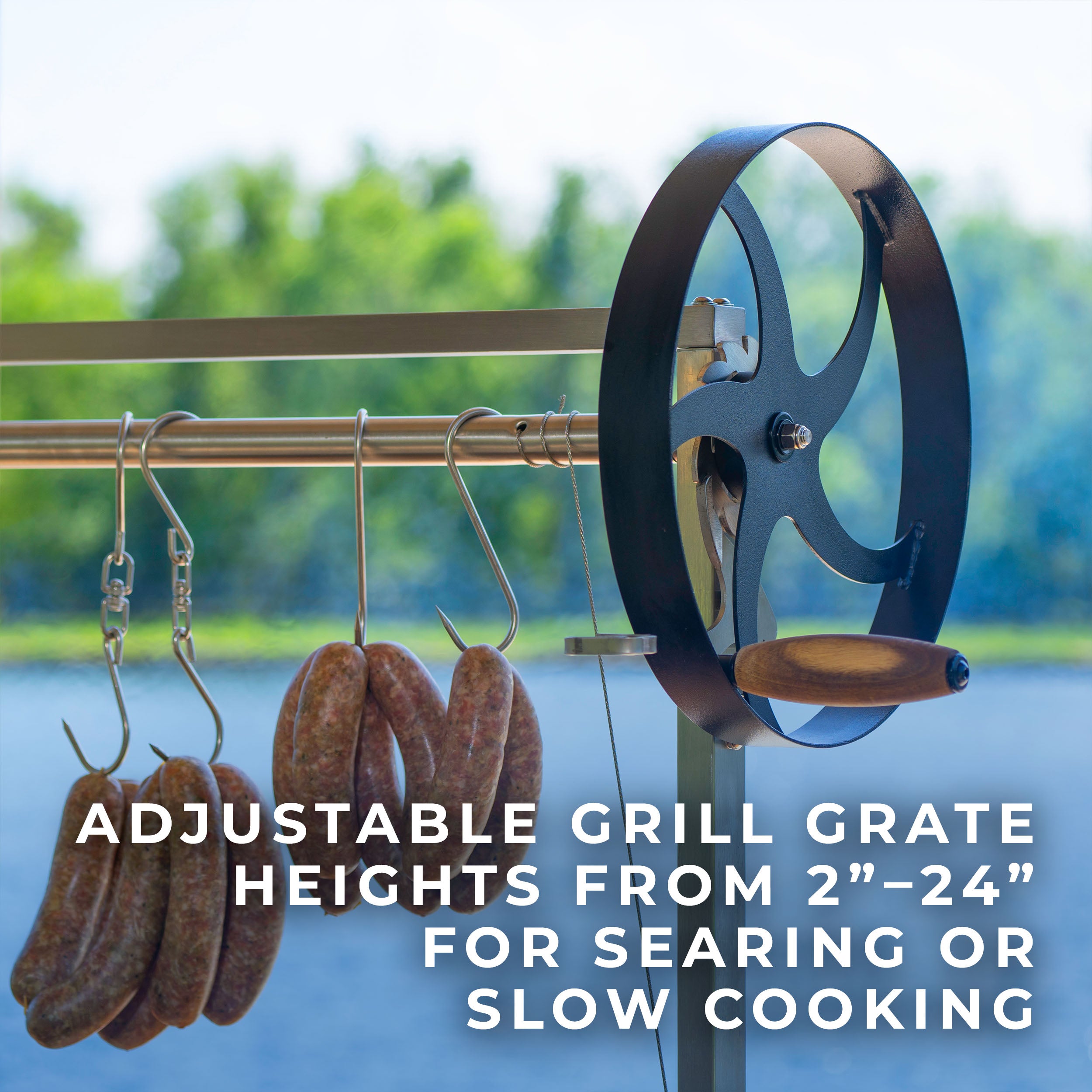 Adjustable grill grate heights from 2"-24" for searing or slow cooking