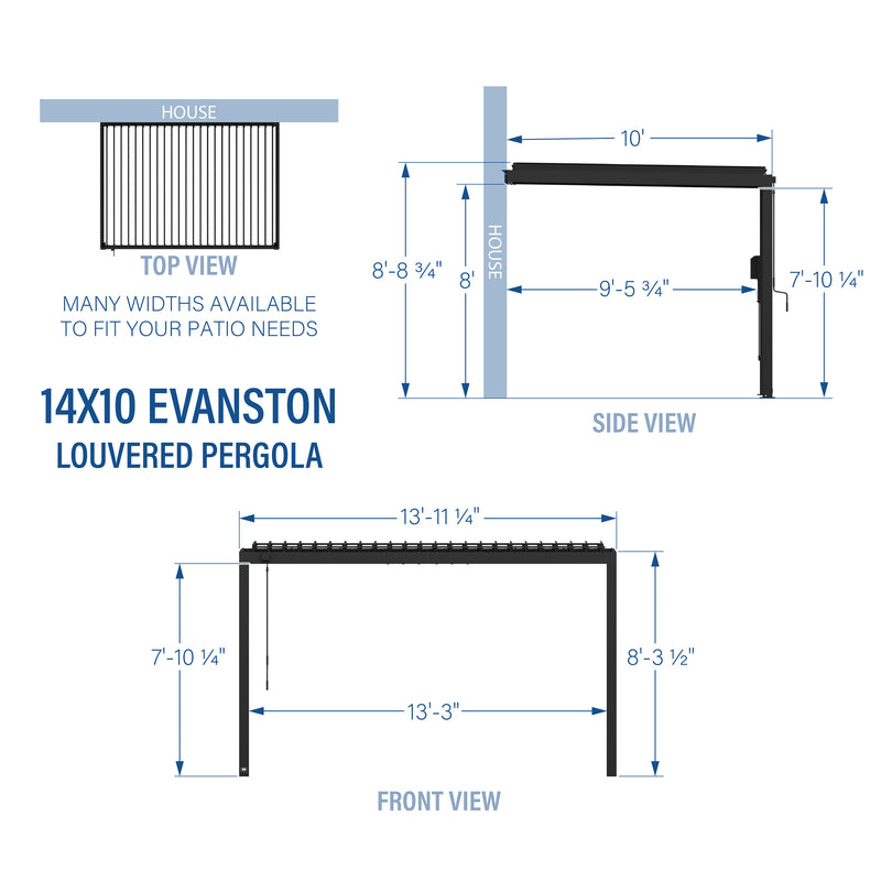 14x10 Evanston Wall Mounted Louvered Pergola specifications