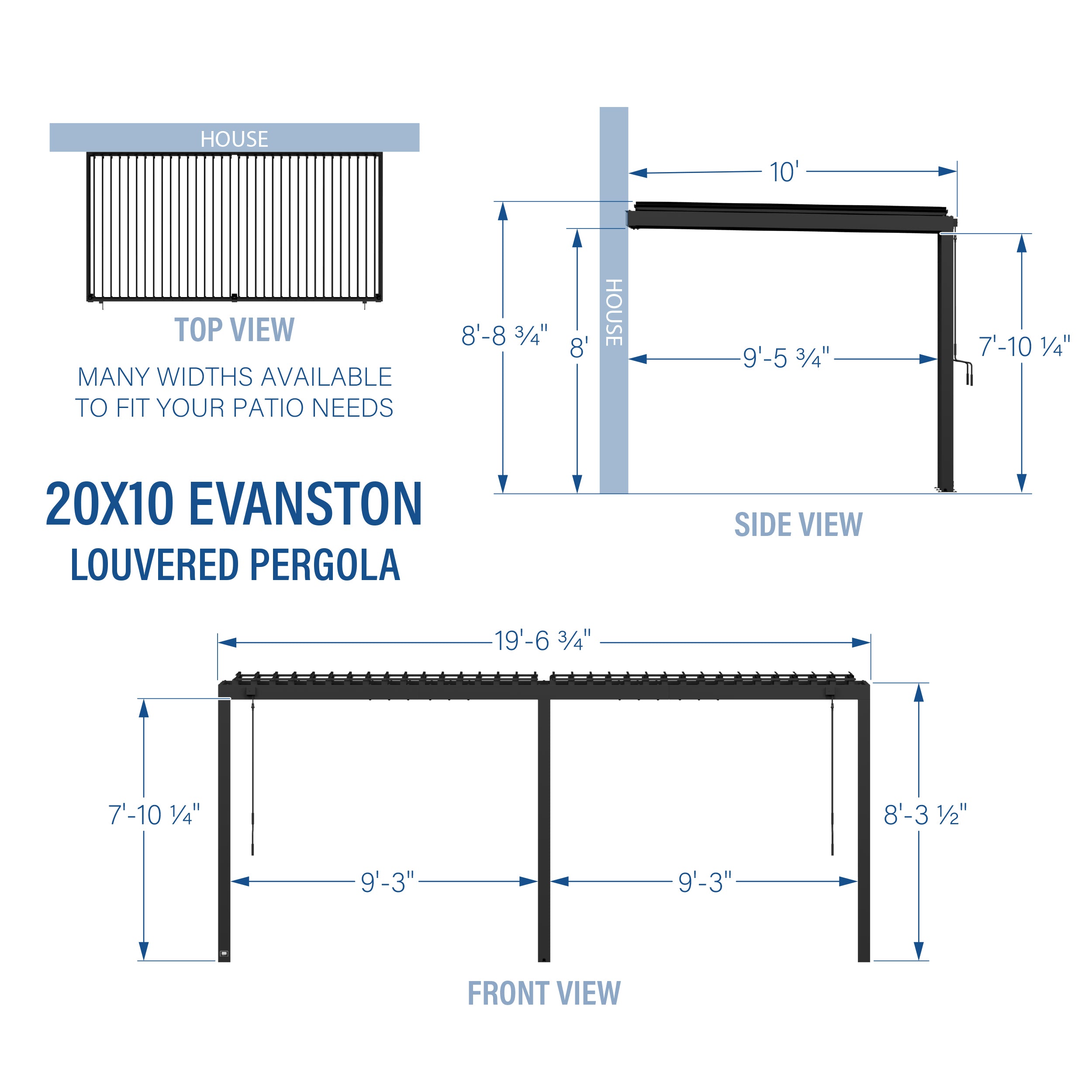 20x10 Evanston Wall Mounted Louvered Pergola Dimensions