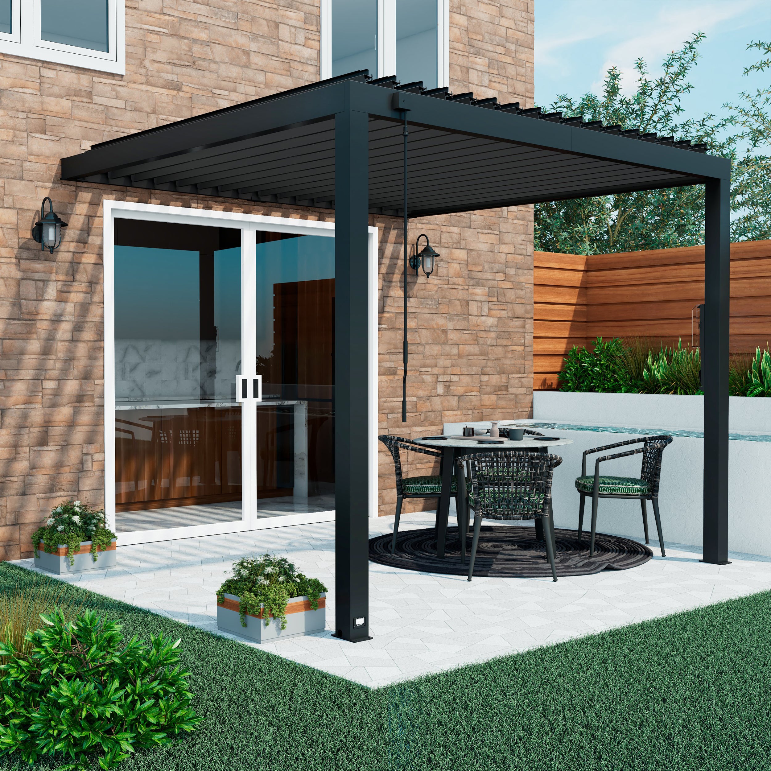 10x10 Evanston Wall Mounted Steel Louvered Pergola