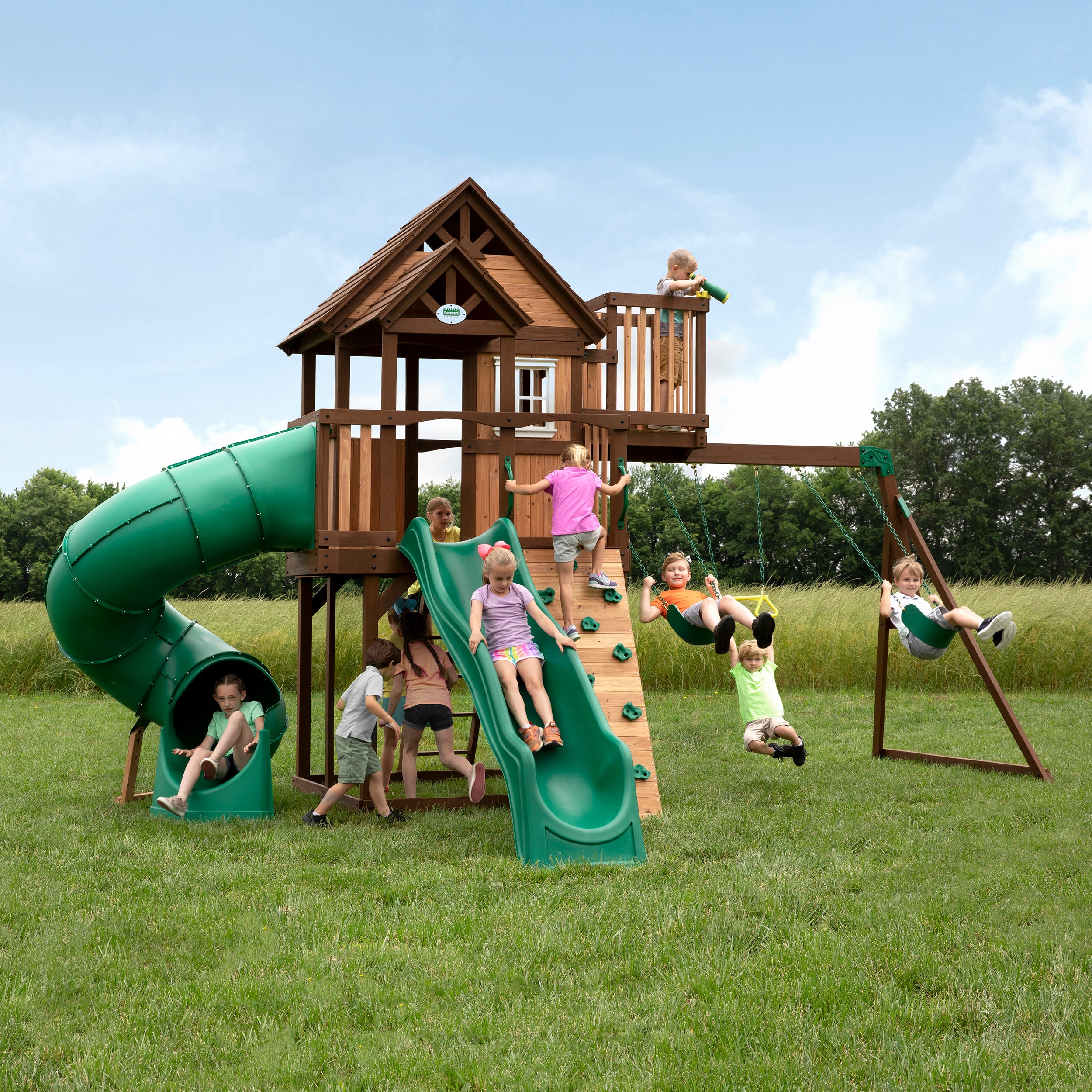 Skyfort III Swing Set in backyard