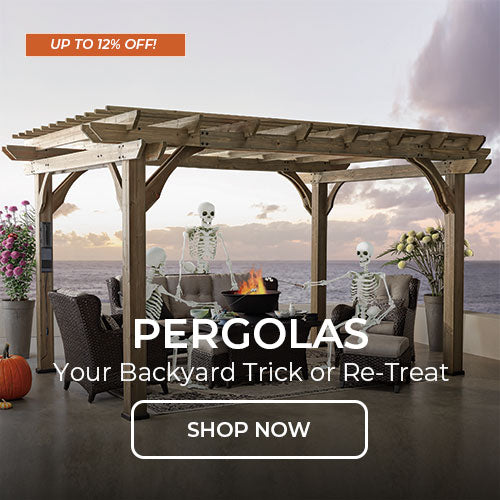 Wooden pergola with halloween decorations underneath. Shop pergolas.