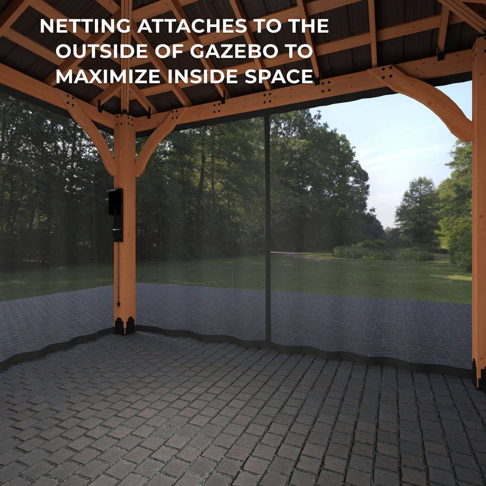 netting attaches to the outside of gazebo to maximize inside space