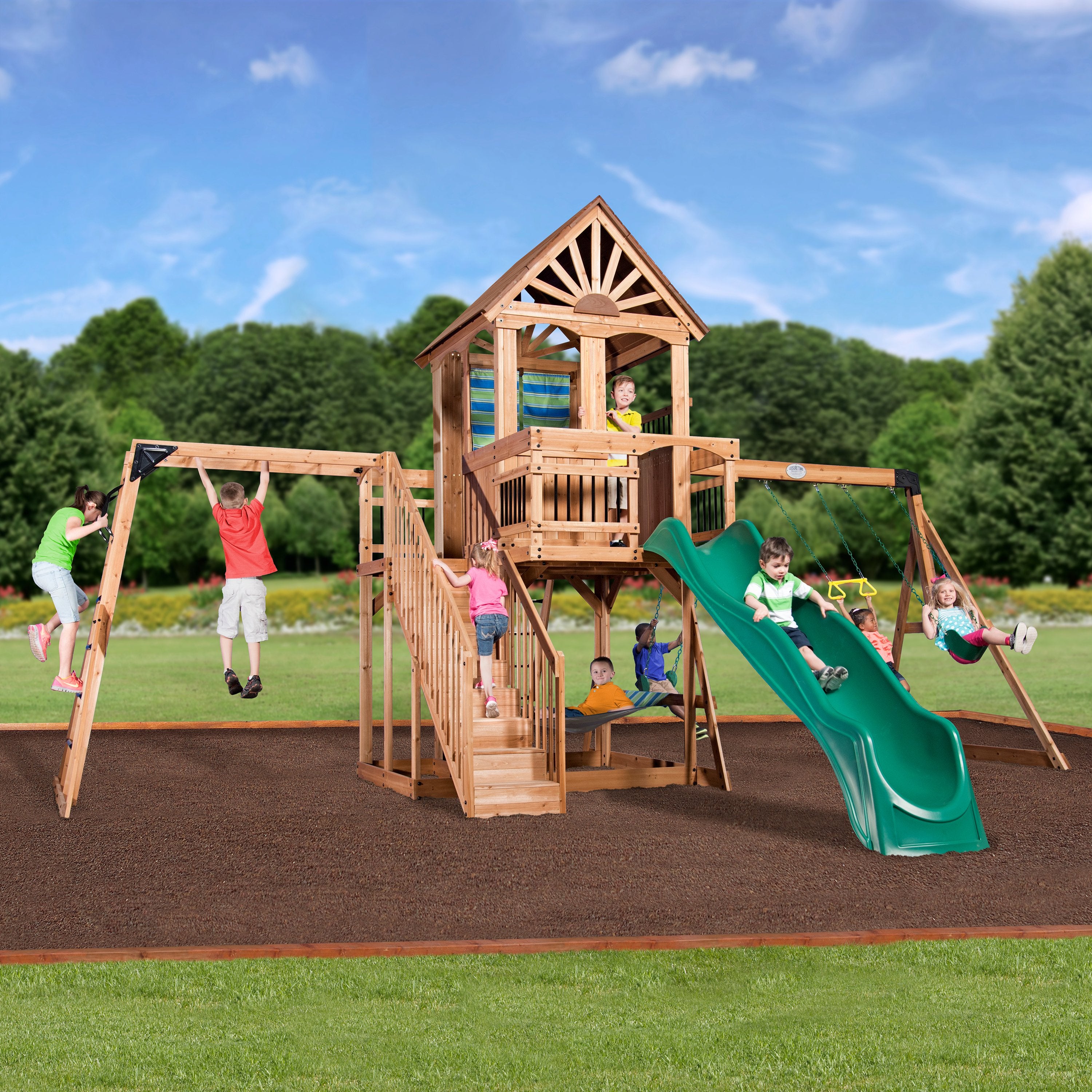 Oceanview Wooden Swing Set - green slide