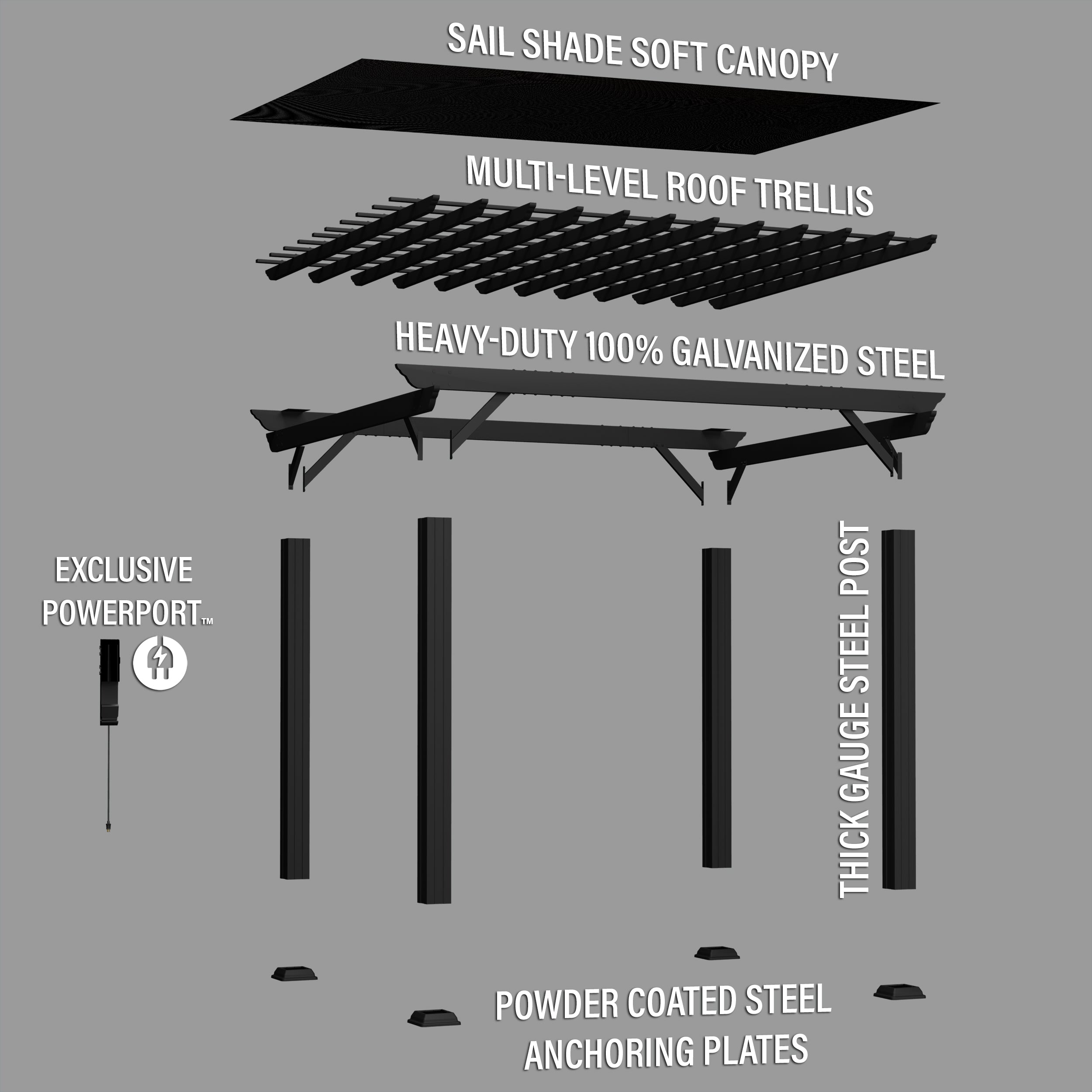 12x10 Stratford Traditional Steel Pergola Exploded View