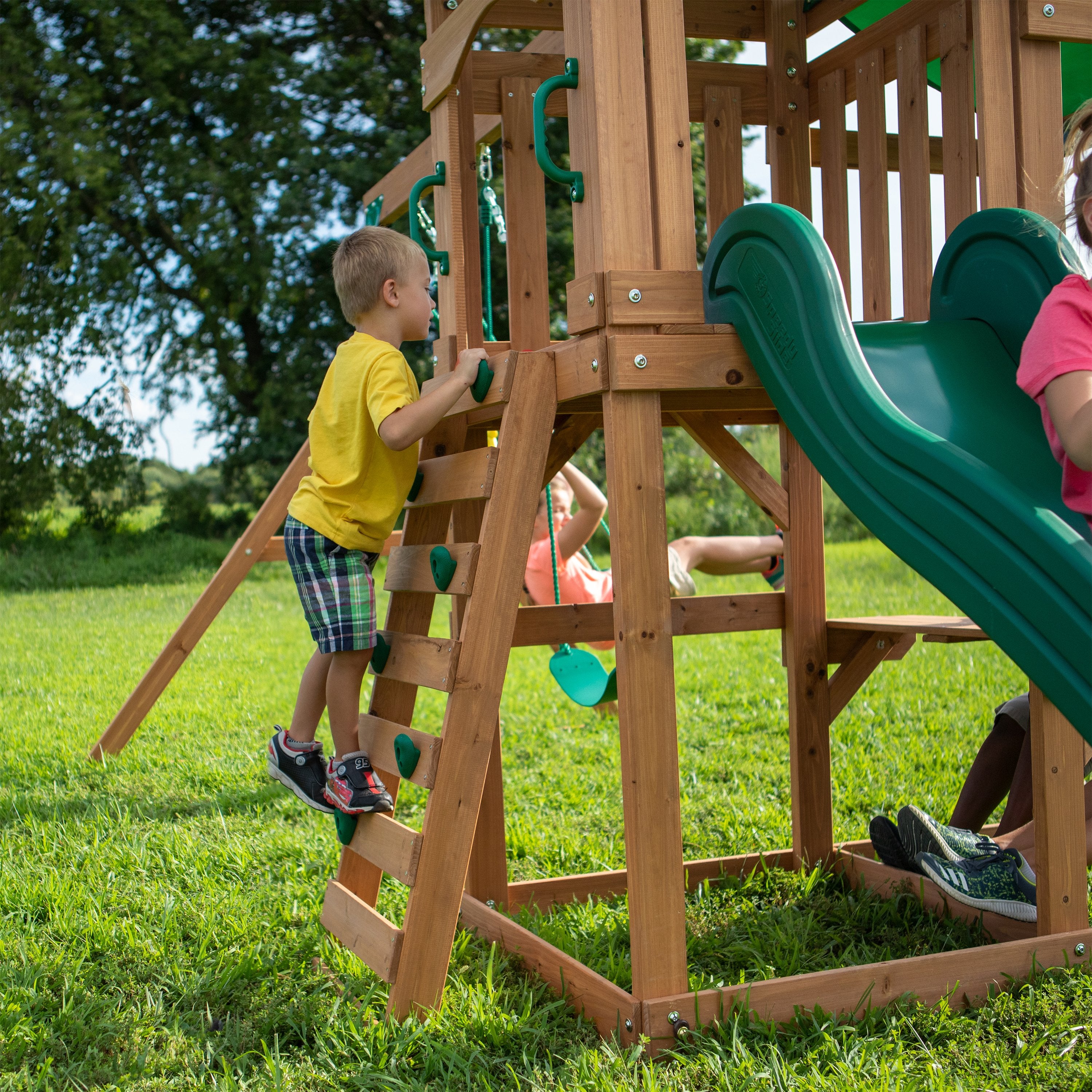 Belmont Wooden Swing Set Rock Wall Ladder