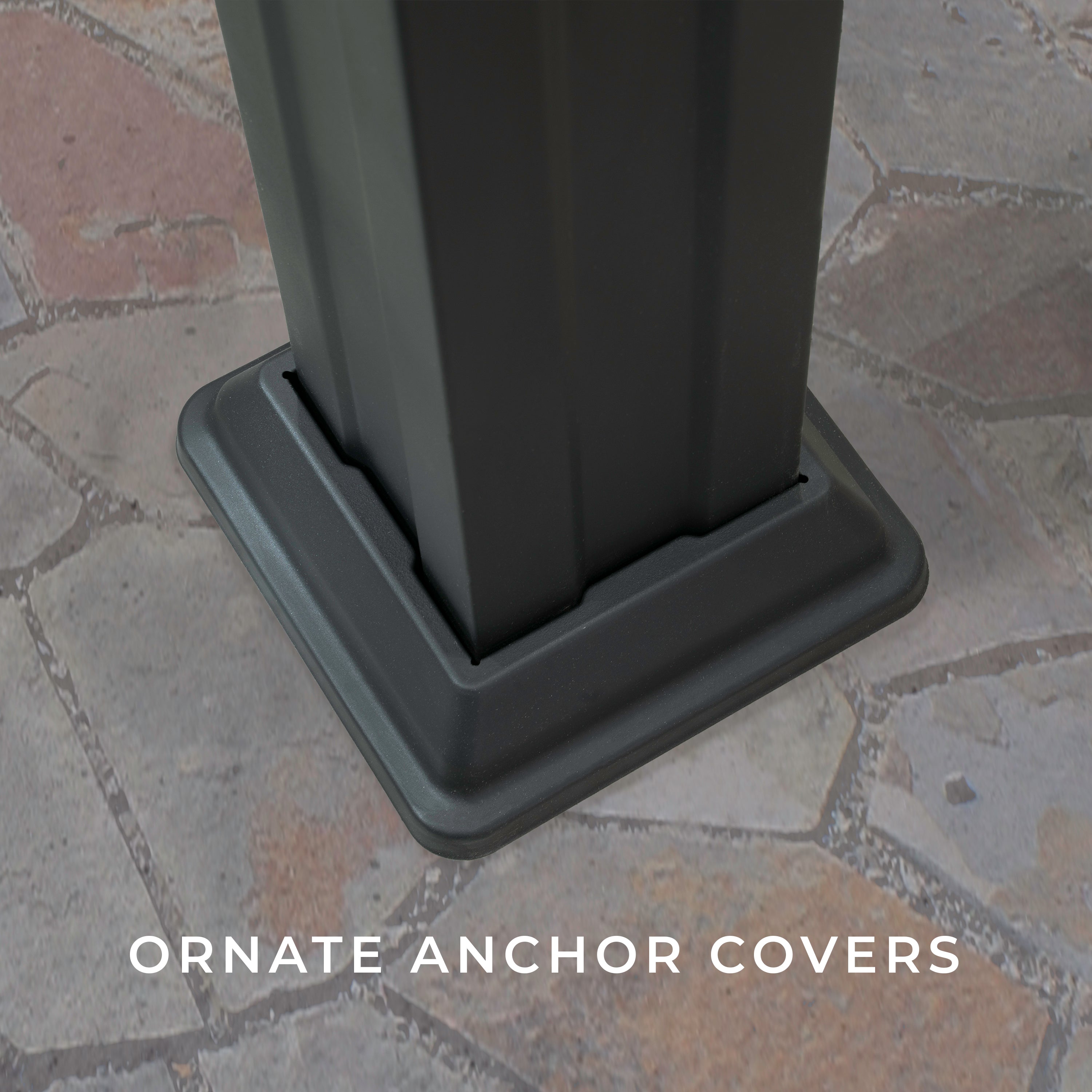 Ornate anchor covers for steel pergola