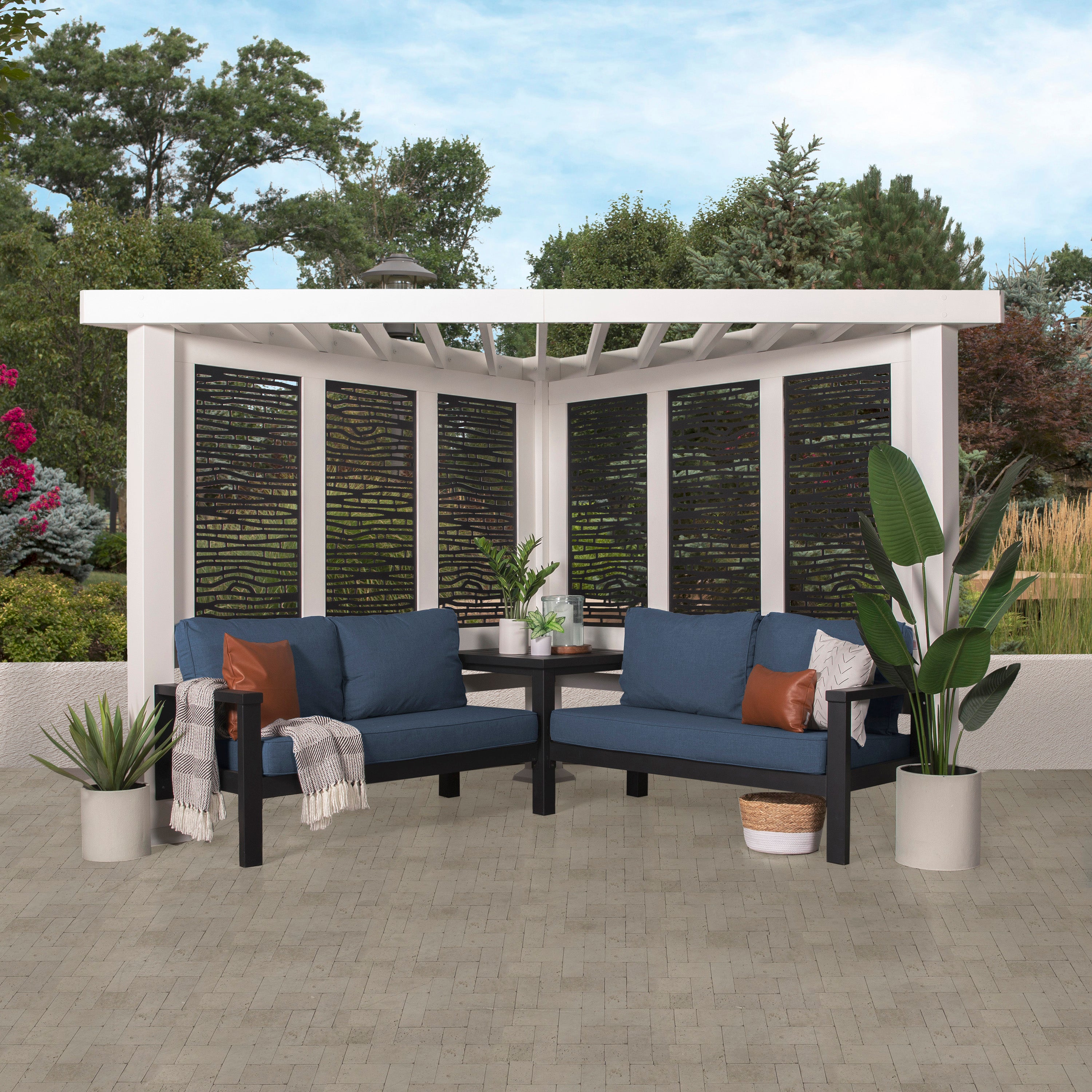 Ridgedale Modern Steel Cabana Pergola with Conversational Seating