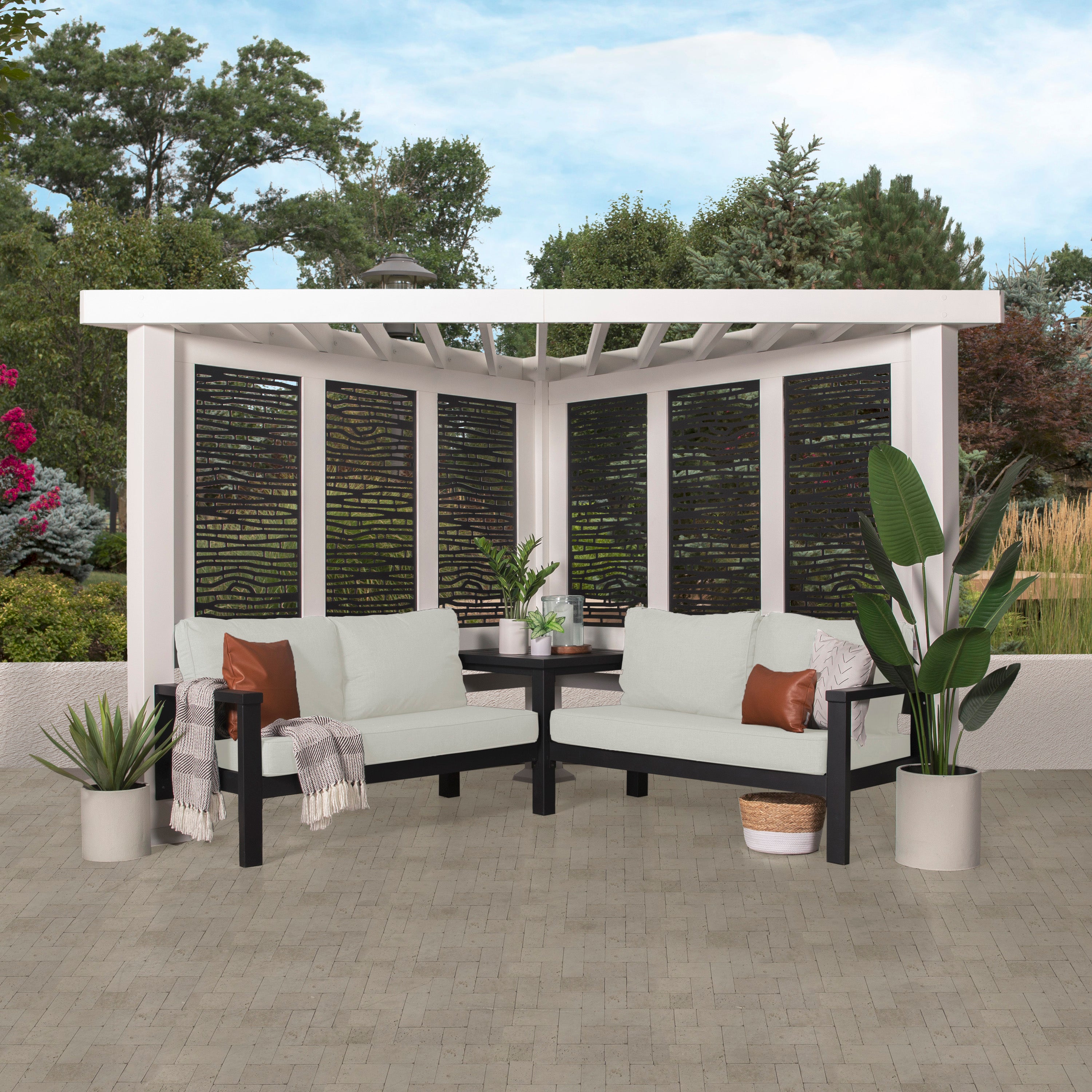 Ridgedale Modern Steel Cabana Pergola with Conversational Seating