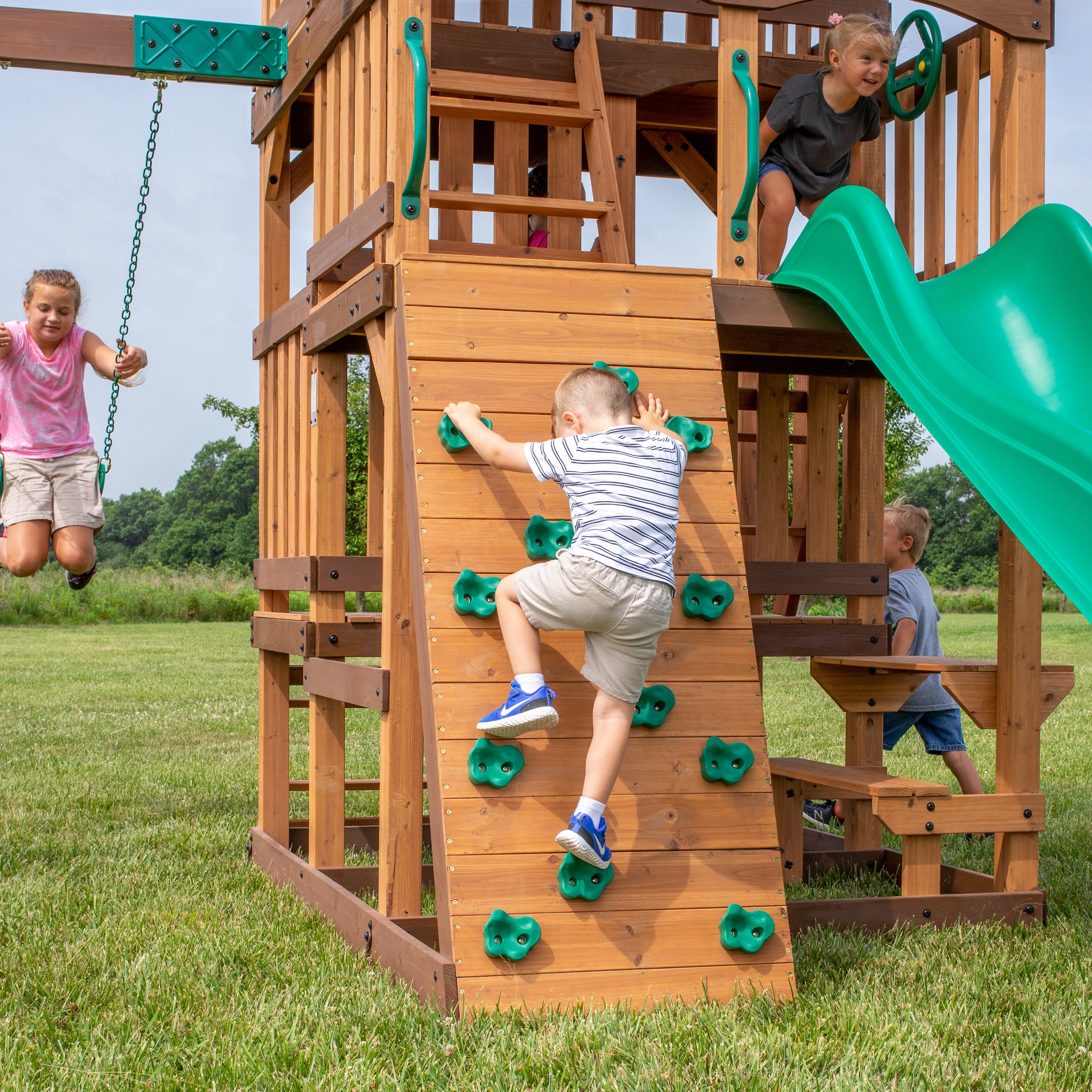 Highlander Swing Set Green rock wall