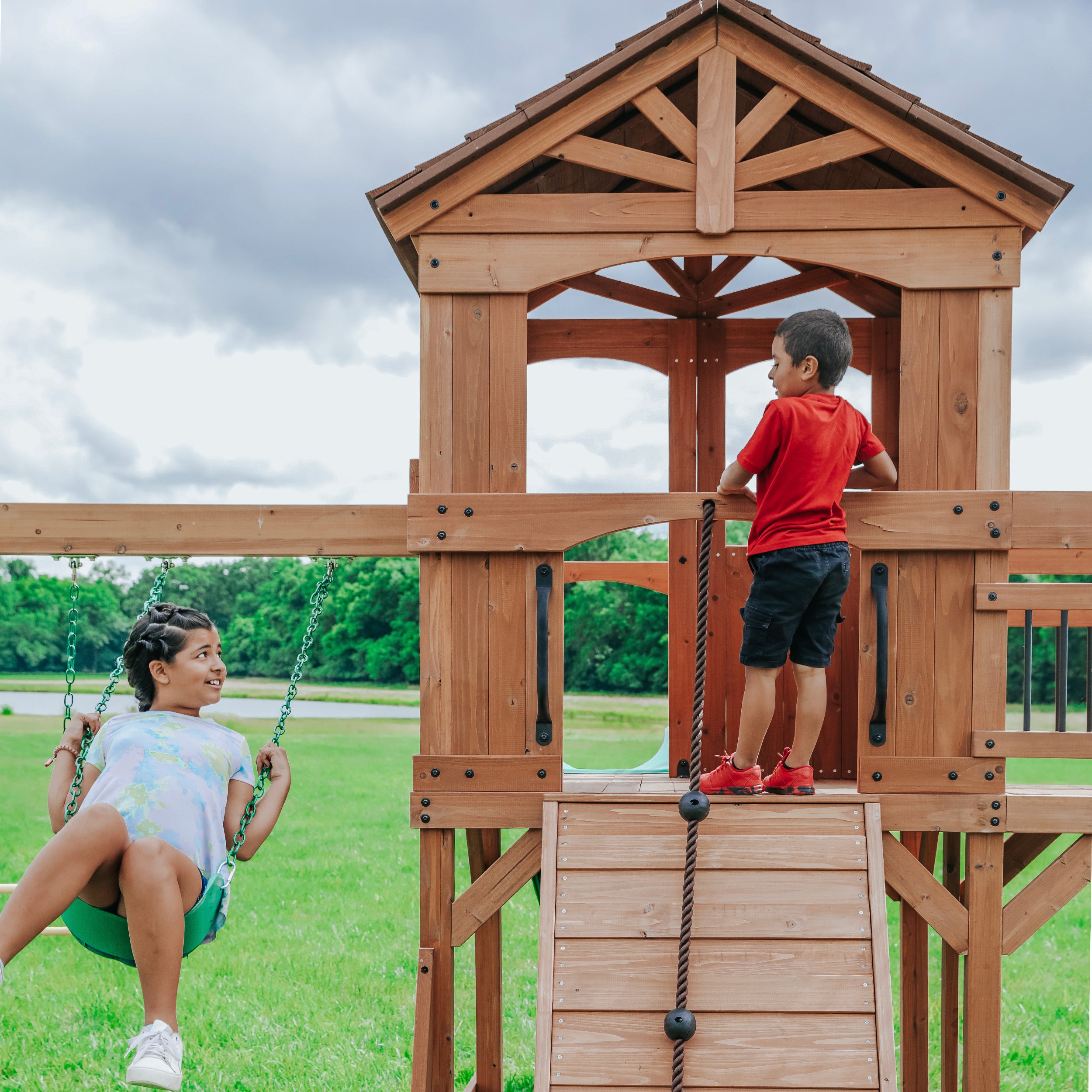 Backyard discovery parkway all hot sale cedar wood playset swing set