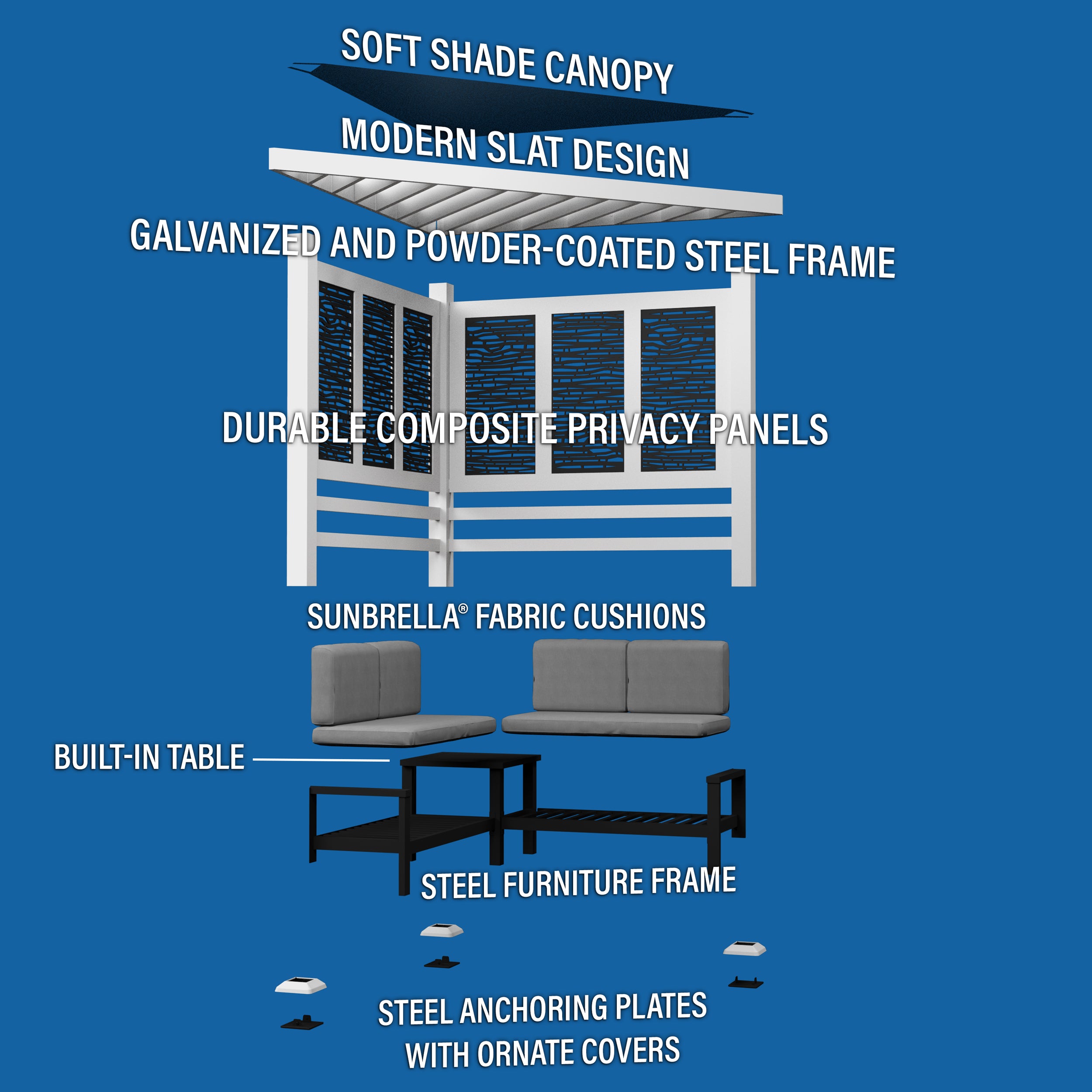 Ridgedale Modern Steel Cabana Pergola with Conversational Seating