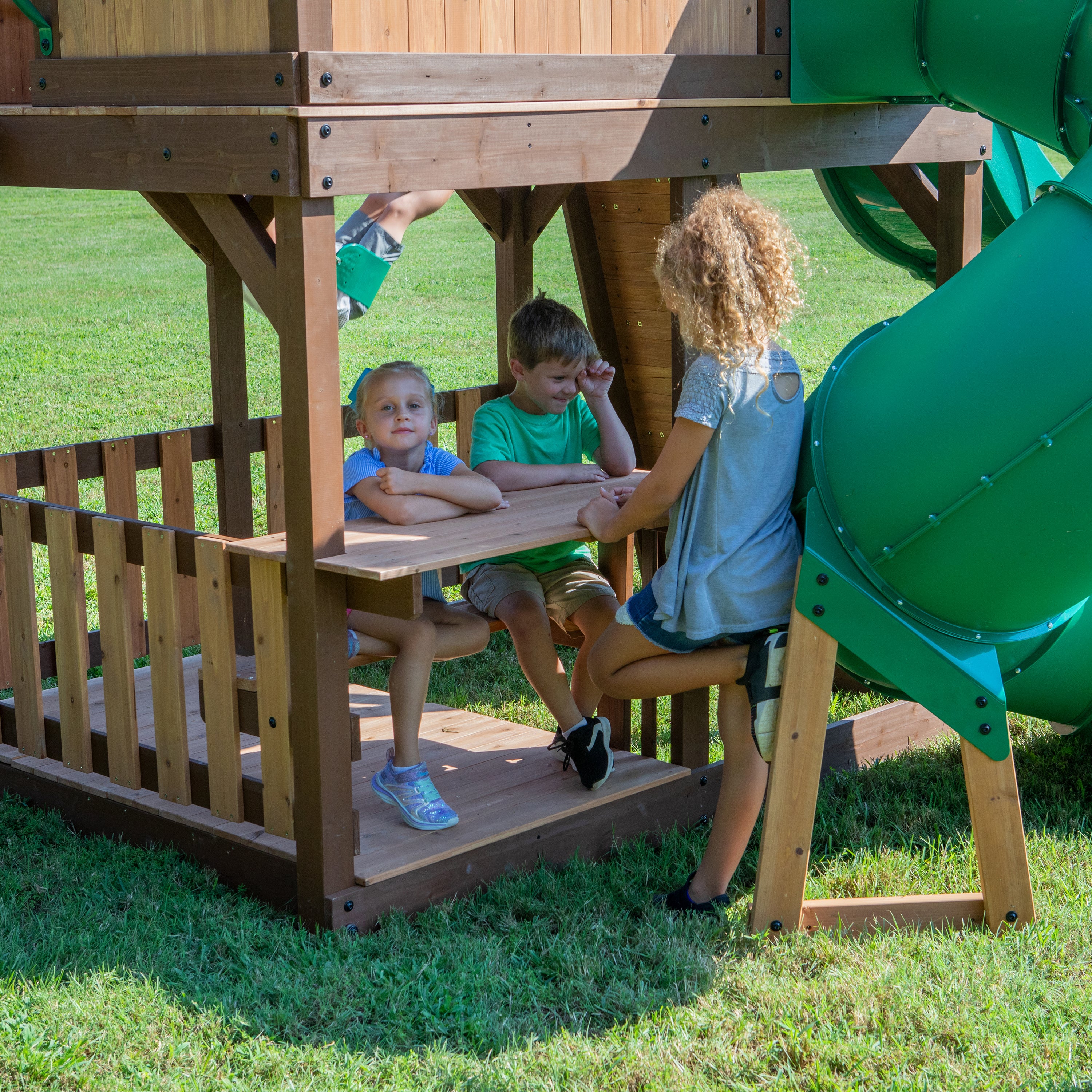 Skyfort With Tube Slide Wooden Swing Set Bench