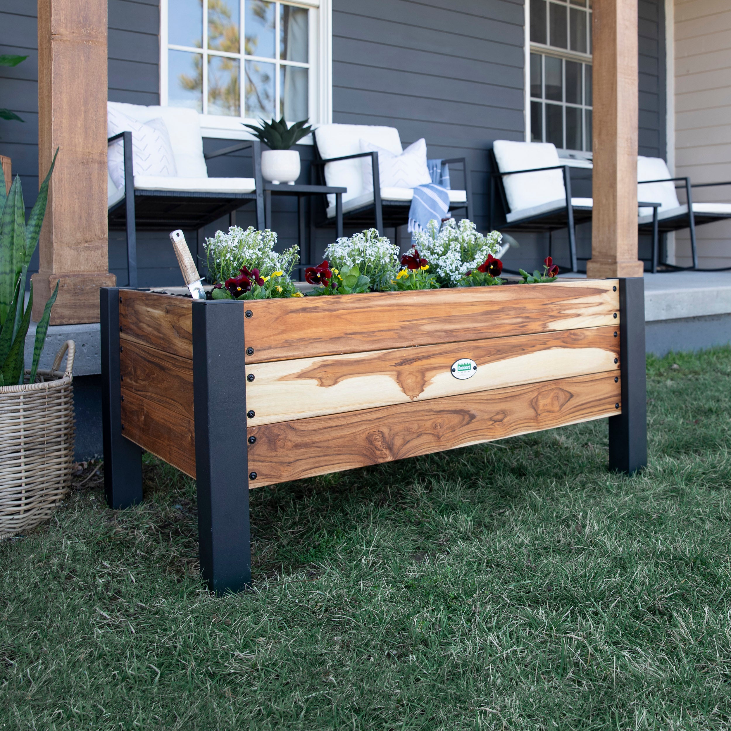 Teak Planter with Flowers